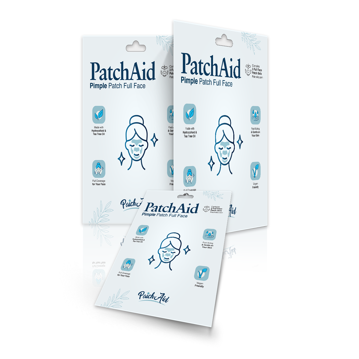 Three packages of PatchAid Pimple Patch Full Face are displayed, featuring a smiling face illustration and highlighting benefits like hydration and tea tree oil, suitable for full facial coverage.