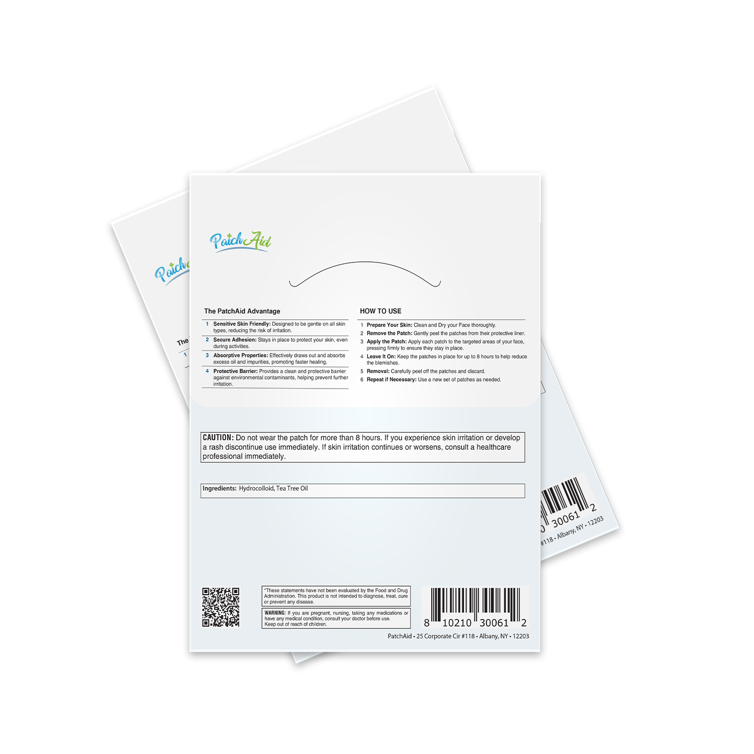 A product packaging for PatchAid, featuring instructions and benefits for a skin patch, with a focus on sensitive skin, usage guidelines, and ingredients like hydrocolloid and tea tree oil.