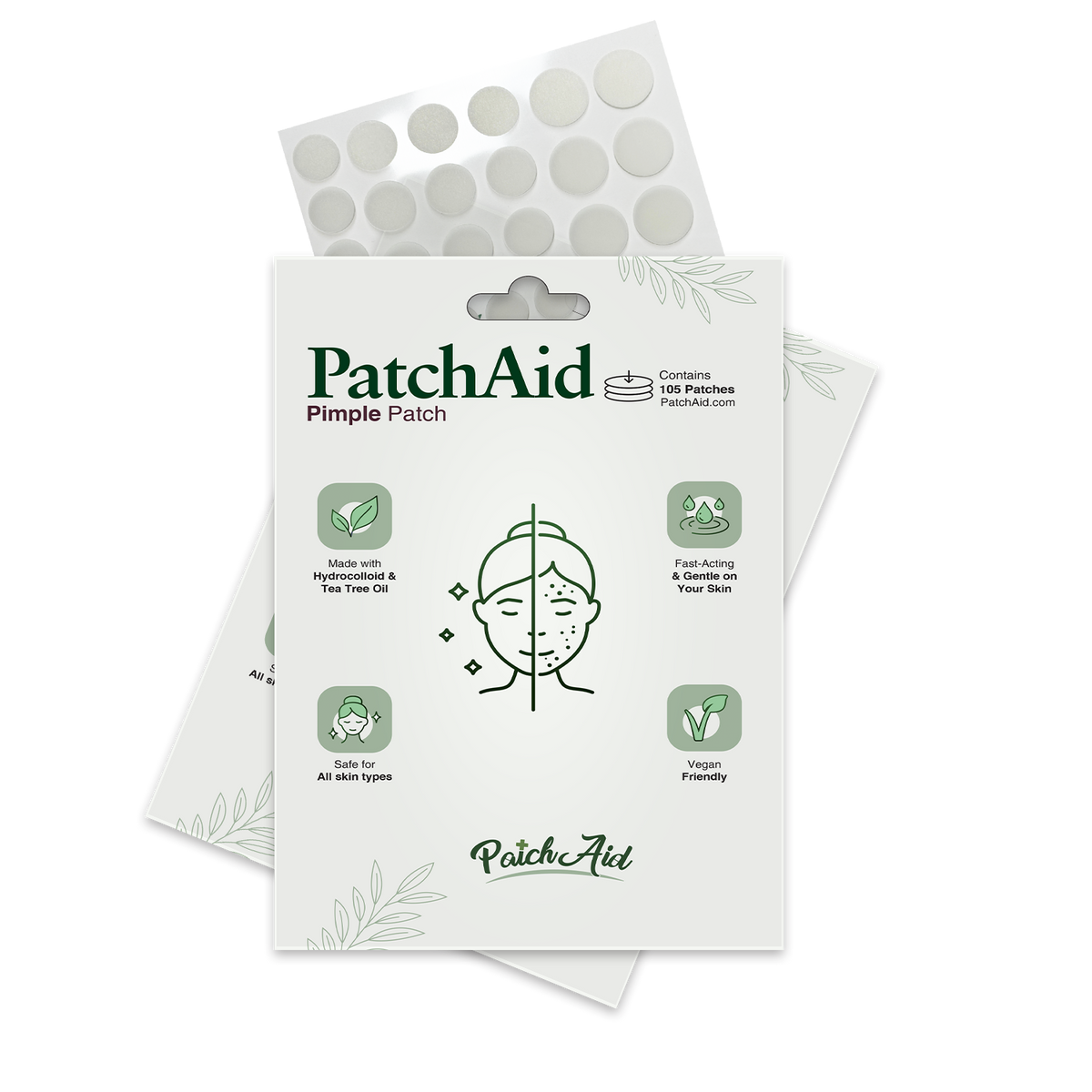 A package of PatchAid Pimple Patches features a graphic of a smiling face with blemishes, highlighting key benefits like being vegan-friendly and suitable for all skin types.