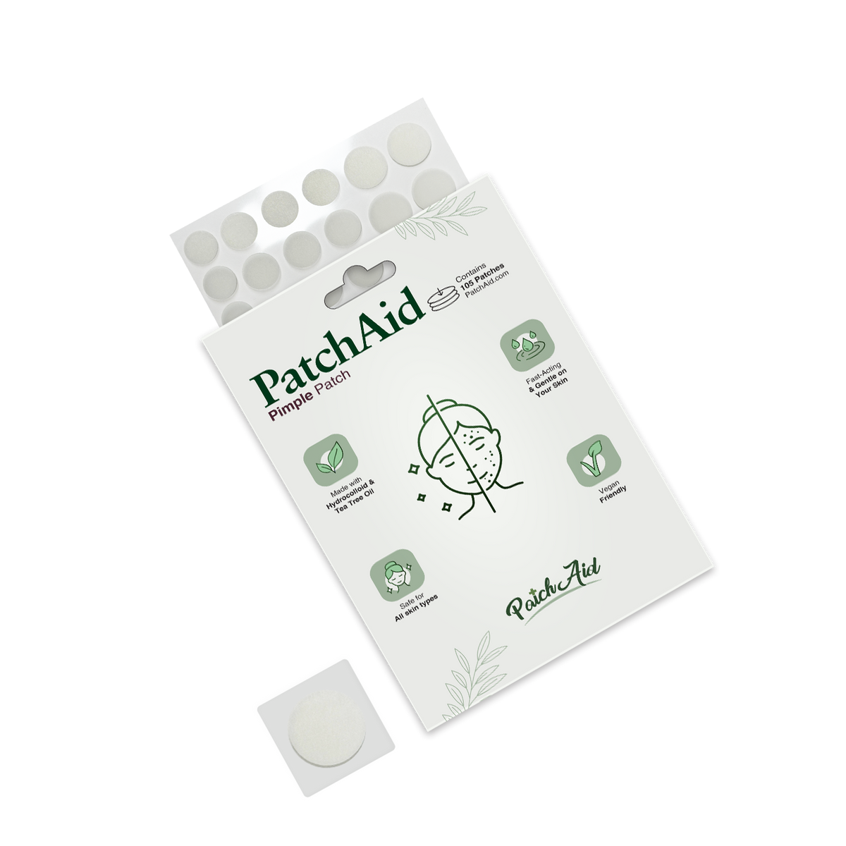A package of PatchAid Pimple Patches displays a graphic of a face, highlighting benefits like skin soothing and natural ingredients, with one patch visible in front of the box.