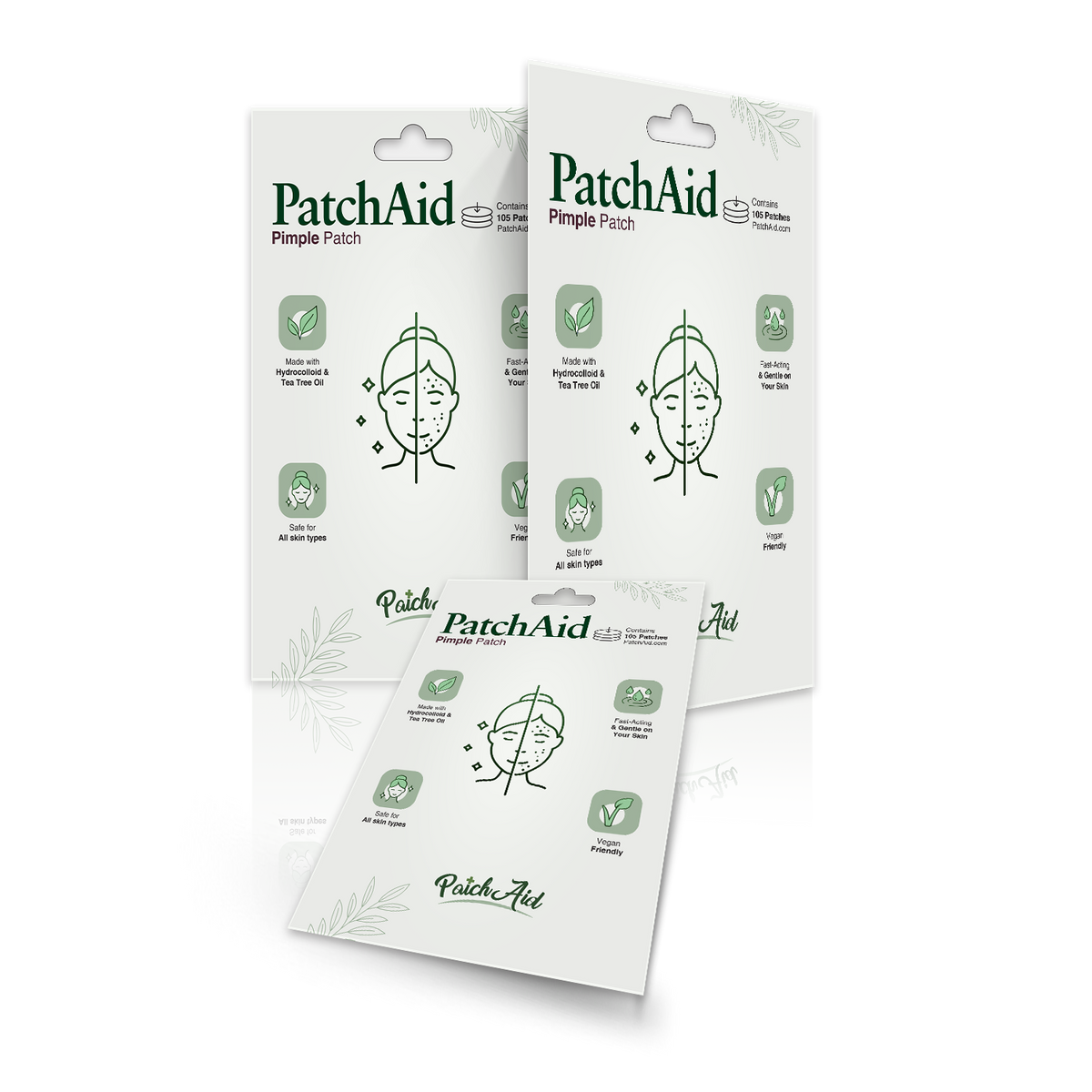 Three packages of PatchAid Pimple Patches are displayed, featuring illustrations of a face with acne, highlighting benefits like being safe for all skin types and containing tea tree oil.