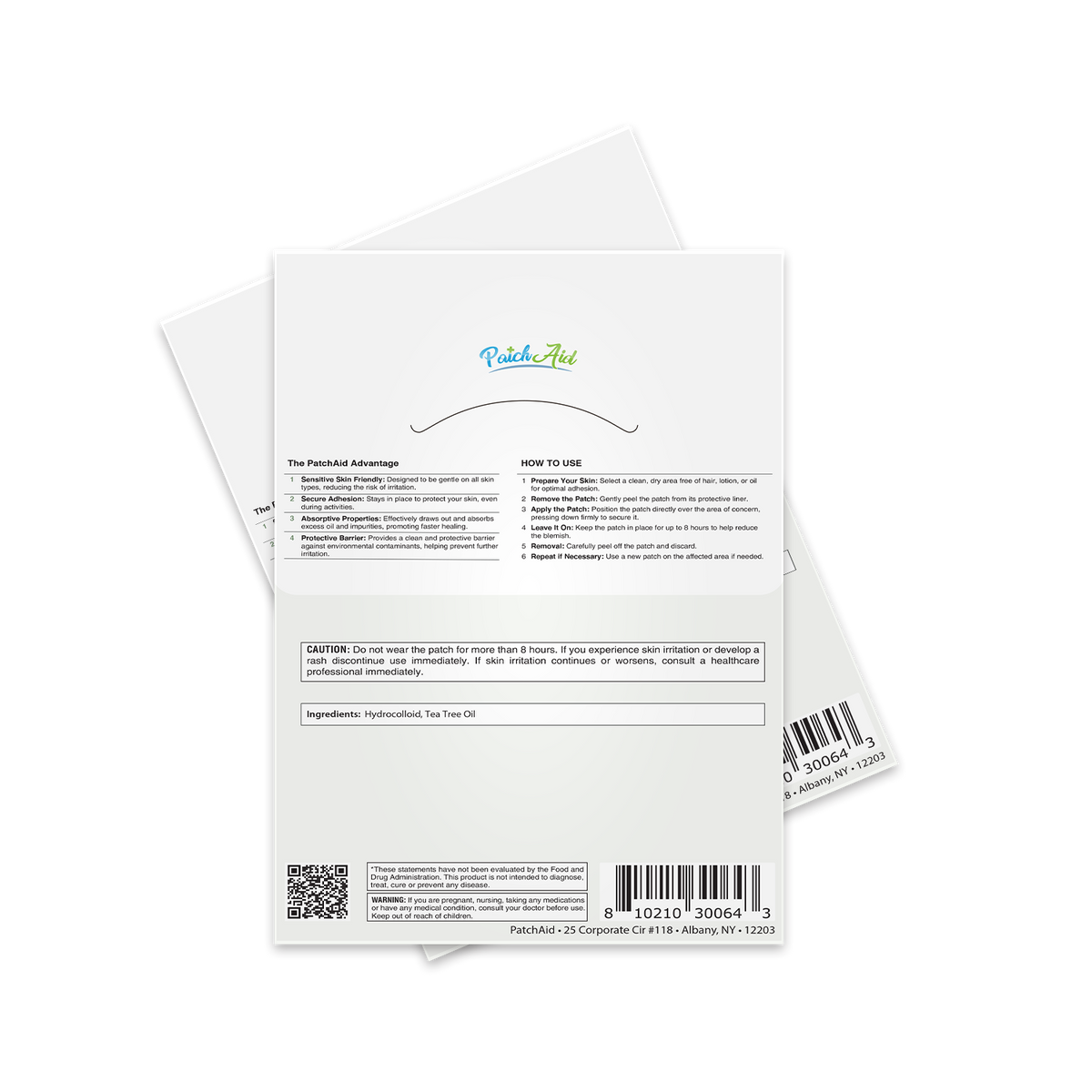 The back of a PatchAid product package displays usage instructions, ingredients like hydrocolloid and tea tree oil, and cautions about skin irritation, with a clean, professional design.