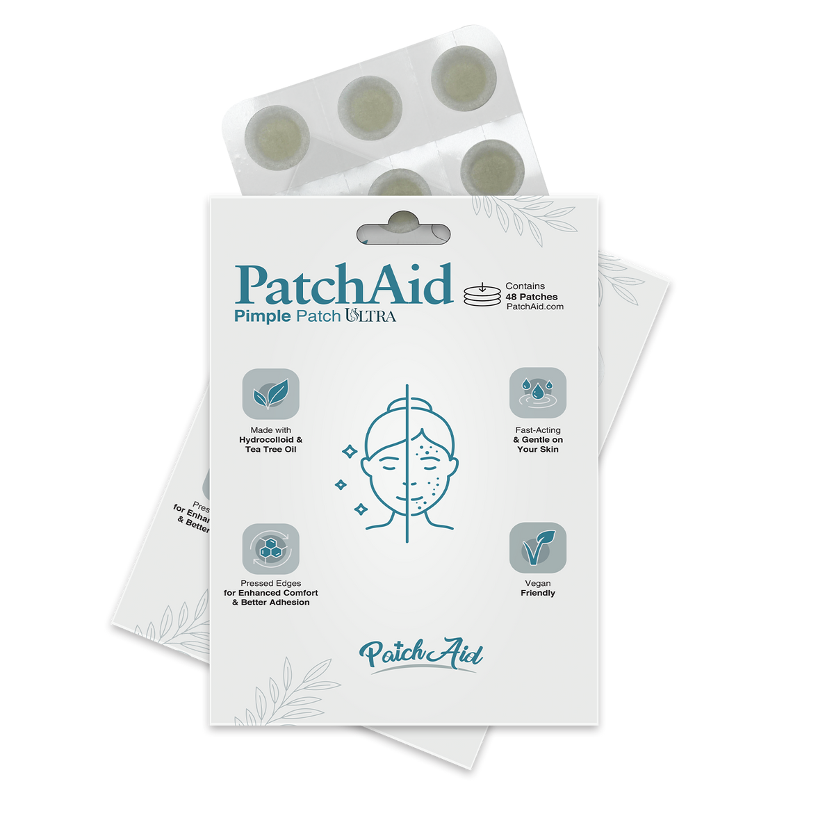 A packaging of PatchAid Pimple Patch Ultra features a graphic of a face with blemishes, highlighting benefits like fast action and vegan-friendly ingredients, with 48 patches included.