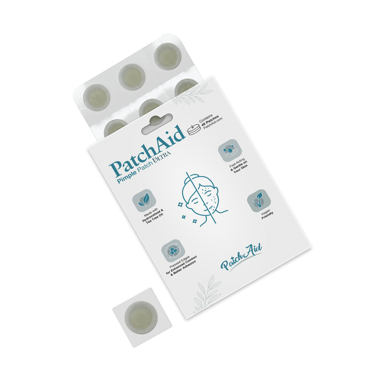 A package of PatchAid Pimple Patches is displayed, featuring a clear blister pack with round patches and illustrated benefits for skin care on the front, emphasizing its vegan and hydrating properties.