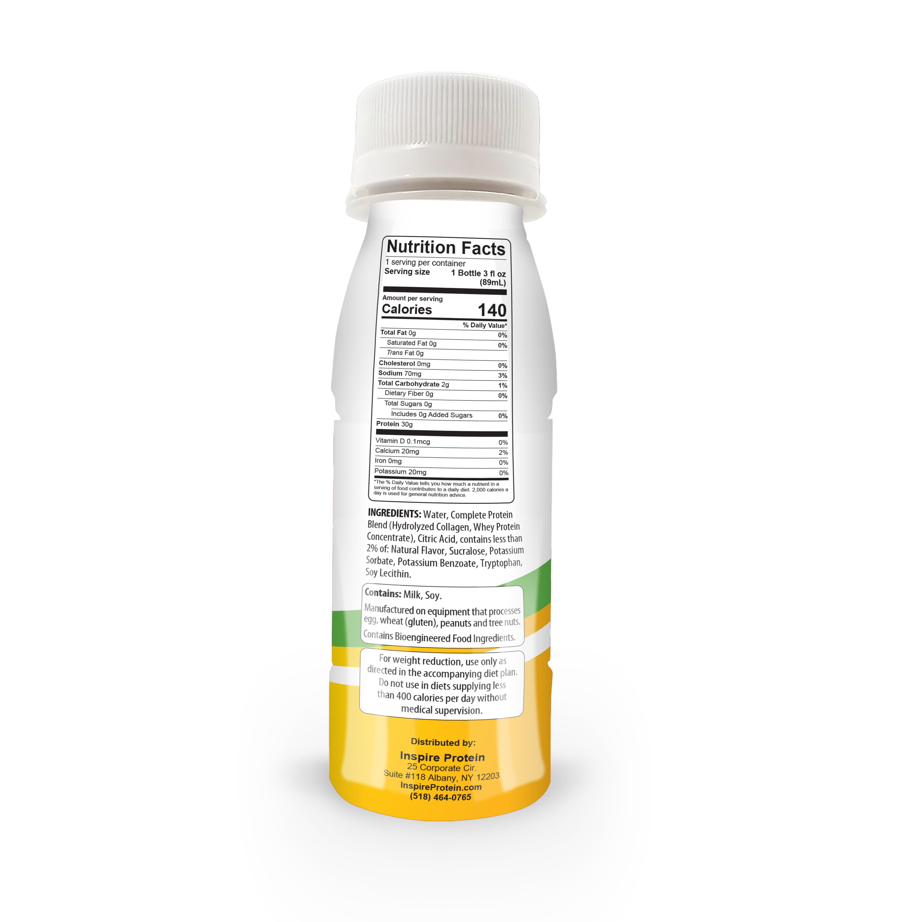 A protein drink bottle displays nutritional information and ingredients on its back, featuring a white cap and a yellow base, emphasizing its health-focused content.