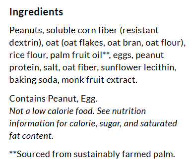 A list of ingredients for a food product, including peanuts, oats, rice flour, eggs, and palm fruit oil, with notes on allergens and nutritional information.