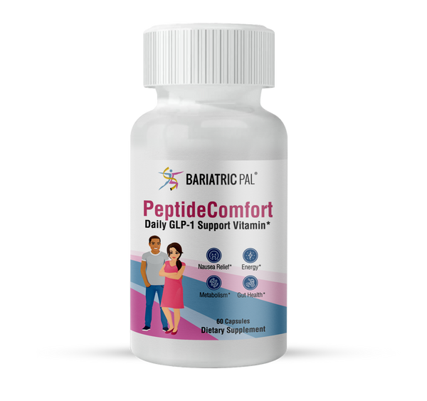 Bottle of BariatricPal PeptideComfort Daily GLP-1 Support Vitamin, formulated to support nausea relief, energy, metabolism and gut health. Contains 60 capsules.