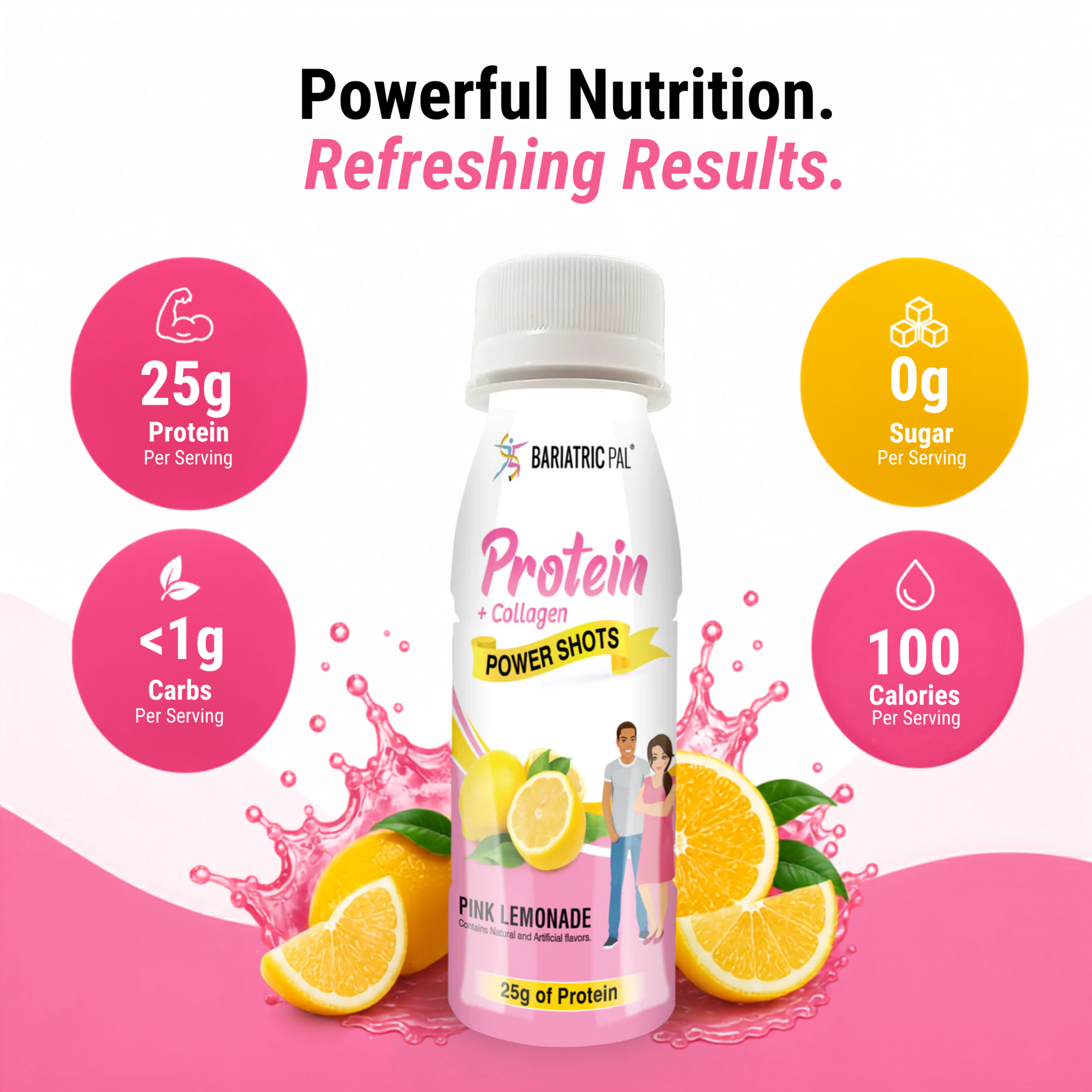 BariatricPal Pink Lemonade Protein + Collagen Power Shot with 25 grams of protein in a 3-fluid-ounce bottle.