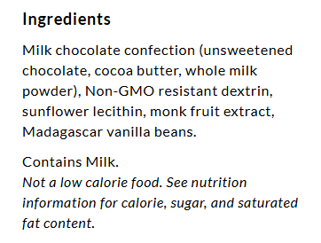 A list of ingredients for a milk chocolate confection, including unsweetened chocolate, cocoa butter, whole milk powder, and other components, with a note about calorie content and allergens.