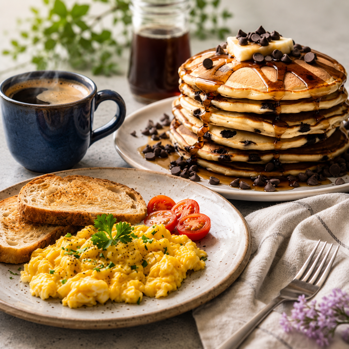 A breakfast spread on a light stone surface, featuring a large stack of pancakes topped with syrup, chocolate chips, and a pat of butter on a white plate, a plate with scrambled eggs, toast, cherry tomatoes, and parsley, a blue mug of coffee, and a glass bottle of syrup in the background.