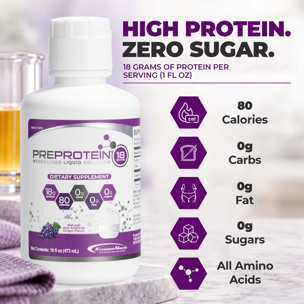 A white bottle of PreProtein dietary supplement with a purple label displays nutritional information, including 18 grams of protein, 80 calories, and zero sugar, set on a marble surface with a glass in the background.