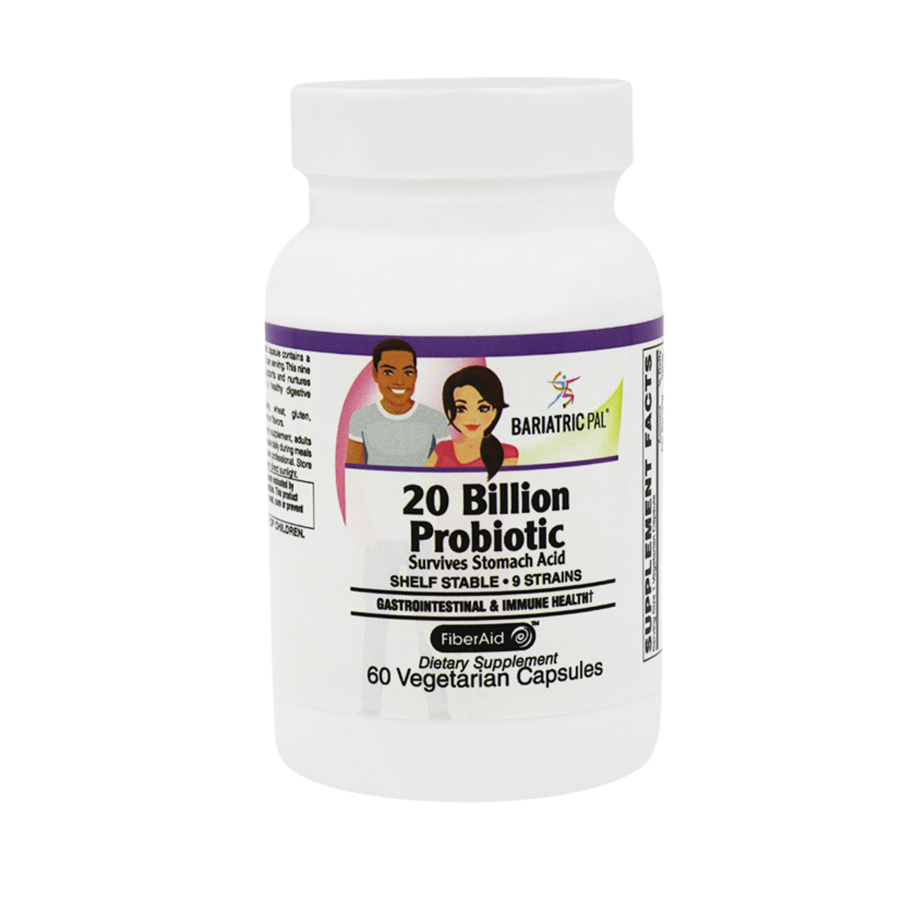 Bottle of BariatricPal 20 Billion Probiotic with nine shelf-stable strains and FiberAid prebiotic to support digestive and immune health. Contains 60 vegetarian capsules.