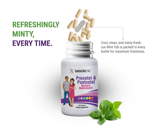 A bottle of Bariatric Pal Prenatal & Postnatal multivitamins is shown with capsules spilling out, alongside fresh mint leaves, emphasizing a refreshing minty flavor.