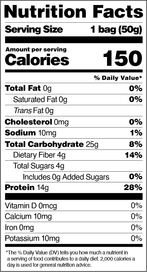 A nutrition facts label displays detailed information for a 50g serving, including calories, total fat, cholesterol, sodium, carbohydrates, dietary fiber, sugars, and protein content.