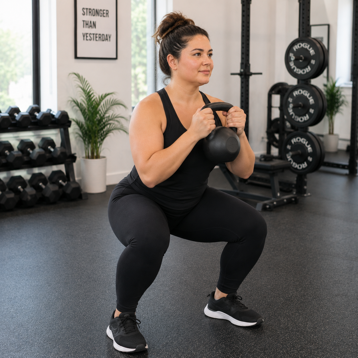 A woman in a black tank top and black leggings holds a black kettlebell in a gym setting with weight racks and dumbbells visible in the background.