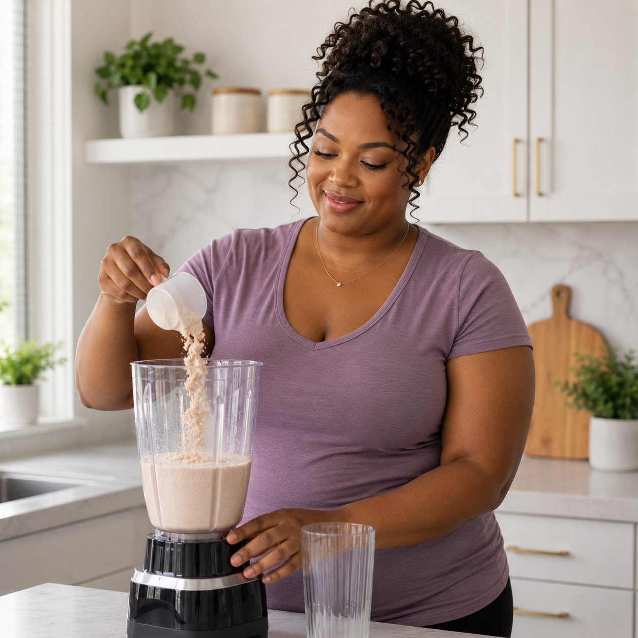 A woman in a purple t-shirt stands in a bright kitchen, pouring a beige powder from a small white cup into a blender that contains a light tan liquid. A clear drinking glass sits on the counter beside the blender.