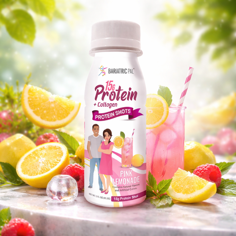 Bottle of BariatricPal protein shots with pink lemonade flavor, surrounded by lemons and raspberries.