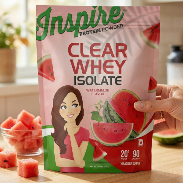 A hand holds a package of Inspire Clear Whey Isolate protein powder in watermelon flavor, featuring an illustration of a smiling woman, with fresh watermelon pieces in the background on a kitchen counter.