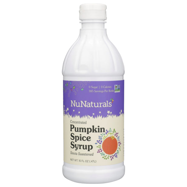 A white plastic bottle of NuNaturals concentrated pumpkin spice syrup features a purple label with floral designs, stating it is stevia sweetened with zero calories and sugar, and contains 385 servings.