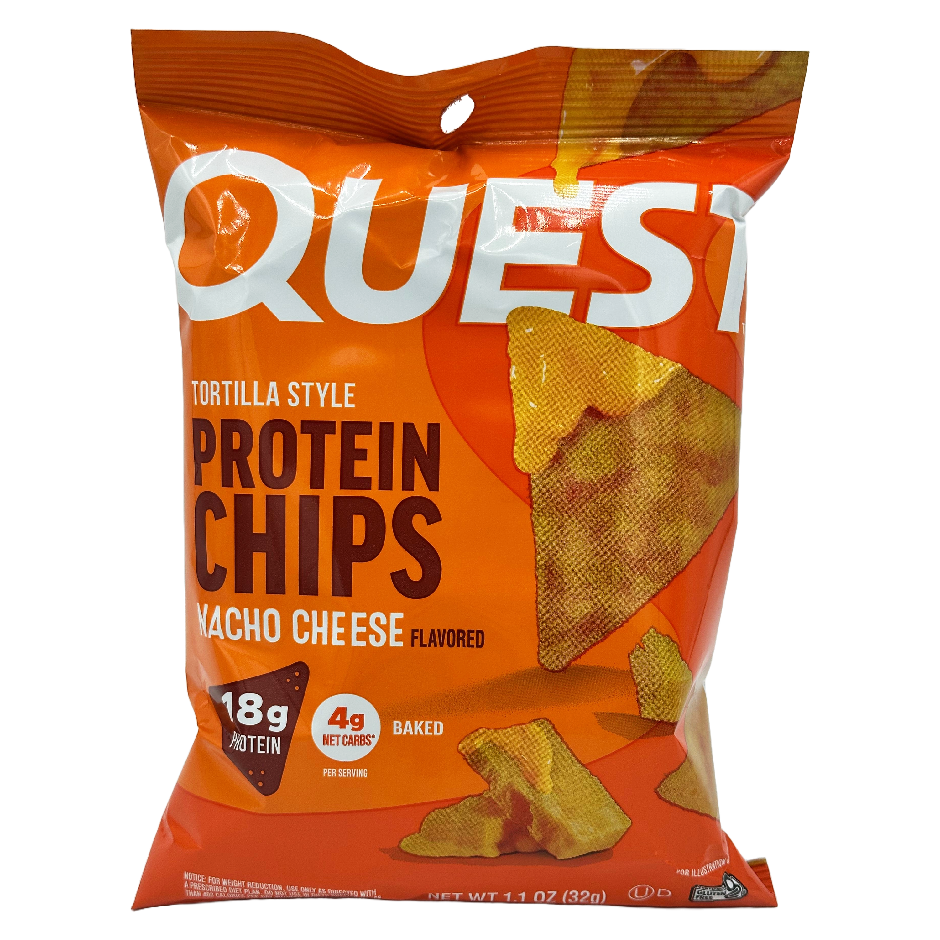 A bright orange bag of Quest Tortilla Style Protein Chips is displayed, featuring nacho cheese flavor, with bold text highlighting 18g of protein and 4g of net carbs per serving.
