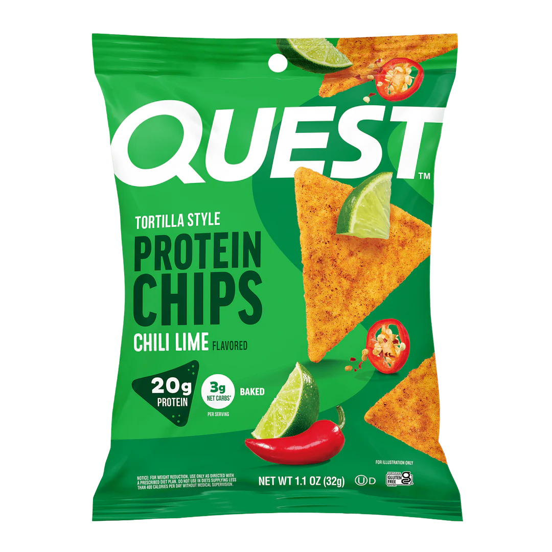 A bright green bag of Quest Tortilla Style Protein Chips in Chili Lime flavor features triangular chips, lime wedges, and chili peppers, highlighting 20g of protein and 3g of net carbs per serving.