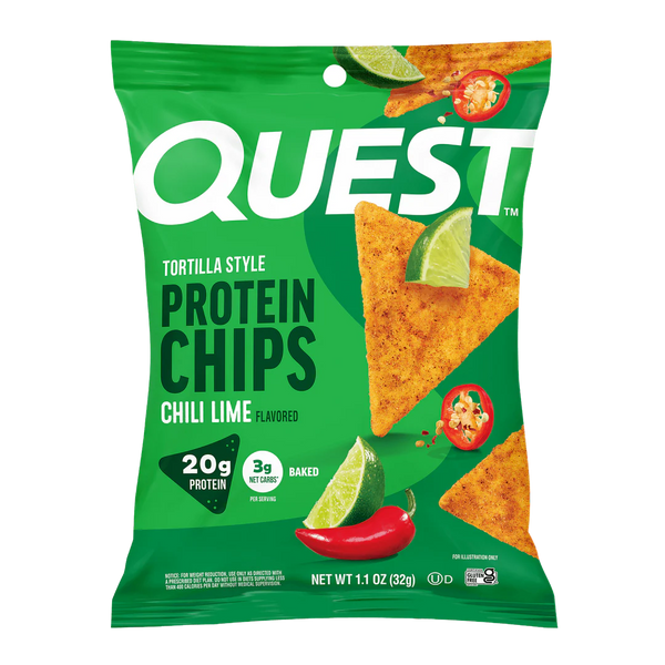 A bright green bag of Quest Tortilla Style Protein Chips in Chili Lime flavor features triangular chips, lime wedges, and chili peppers, highlighting 20g of protein and 3g of net carbs per serving.