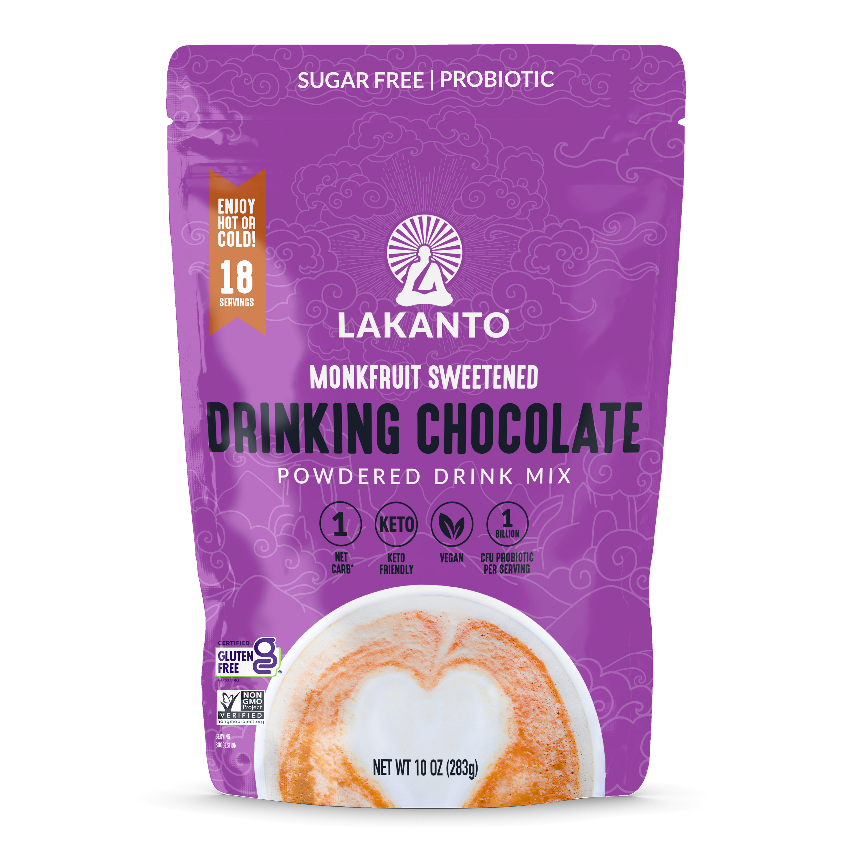 Purple packaging of Lakanto Monkfruit Sweetened Drinking Chocolate powder mix, featuring a decorative design, highlights its sugar-free, probiotic, vegan, and keto-friendly attributes, with 18 servings per bag.
