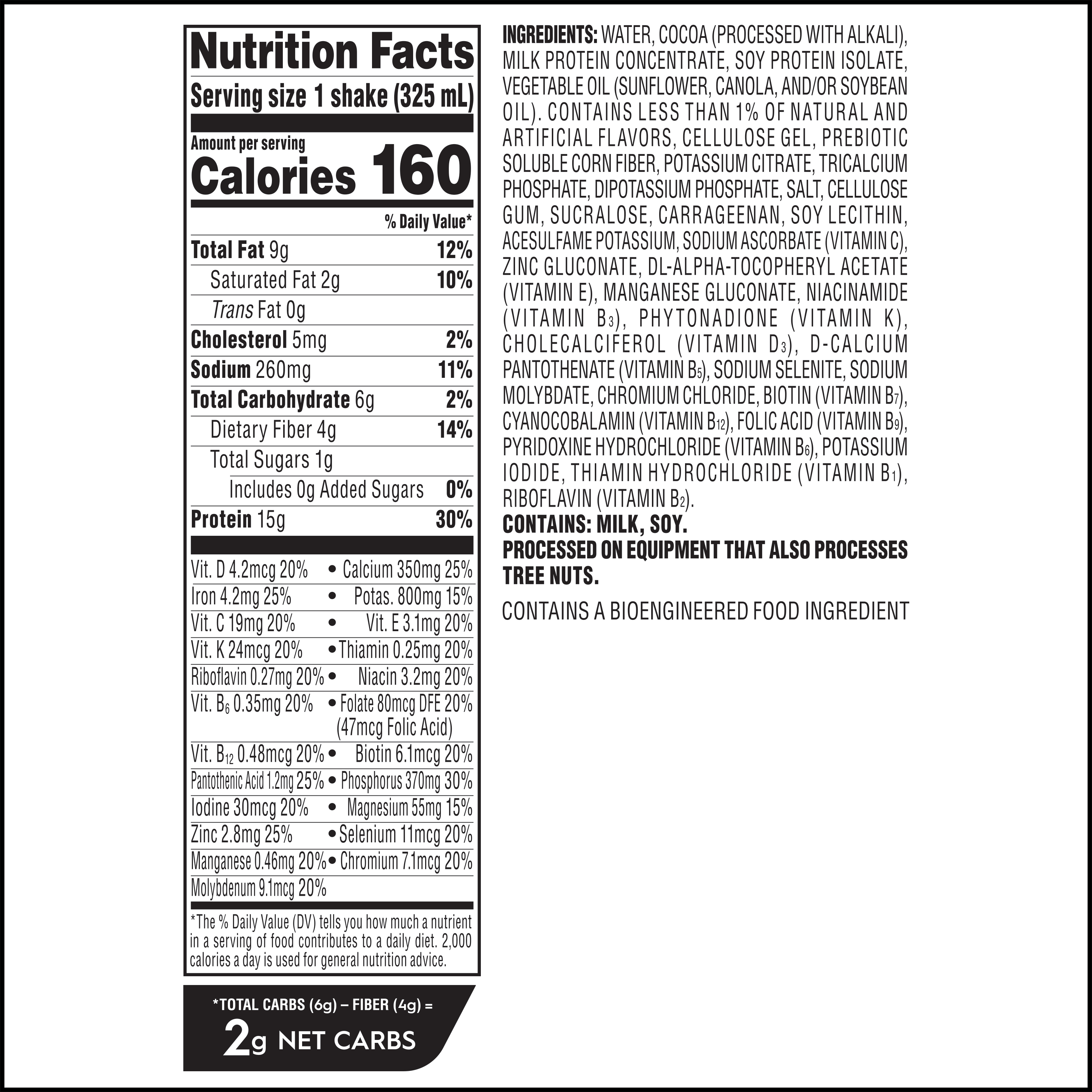 Nutrition facts label for a protein shake, detailing serving size, calories, ingredients, and nutritional content including fats, carbohydrates, sugars, and vitamins.