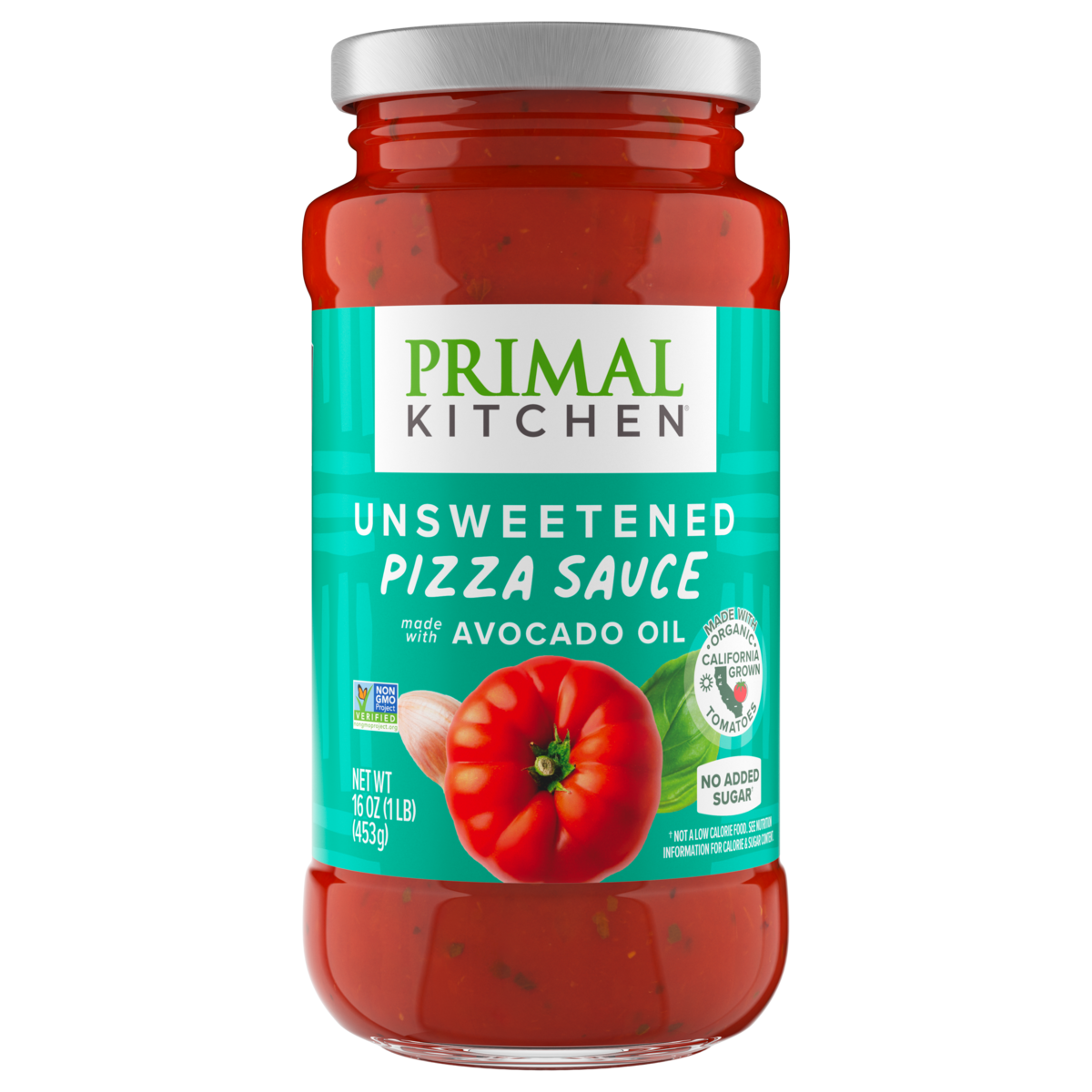A clear glass jar of Primal Kitchen unsweetened pizza sauce, featuring a bright red label with green accents, showcases a whole tomato and highlights its avocado oil ingredient.