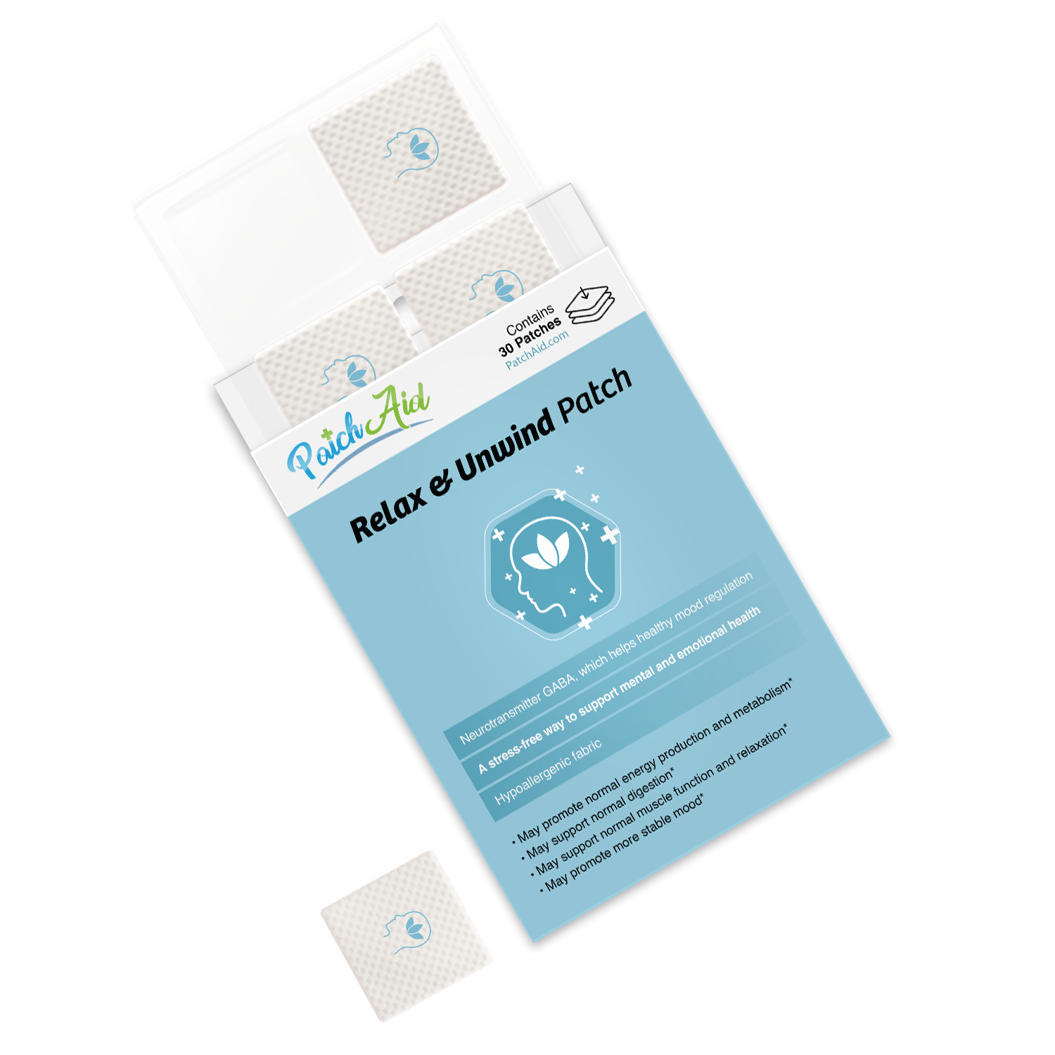 A package of "Relax & Unwind" patches is displayed, featuring a light blue label highlighting their benefits for mood regulation and mental health, with one patch partially visible beside the box.