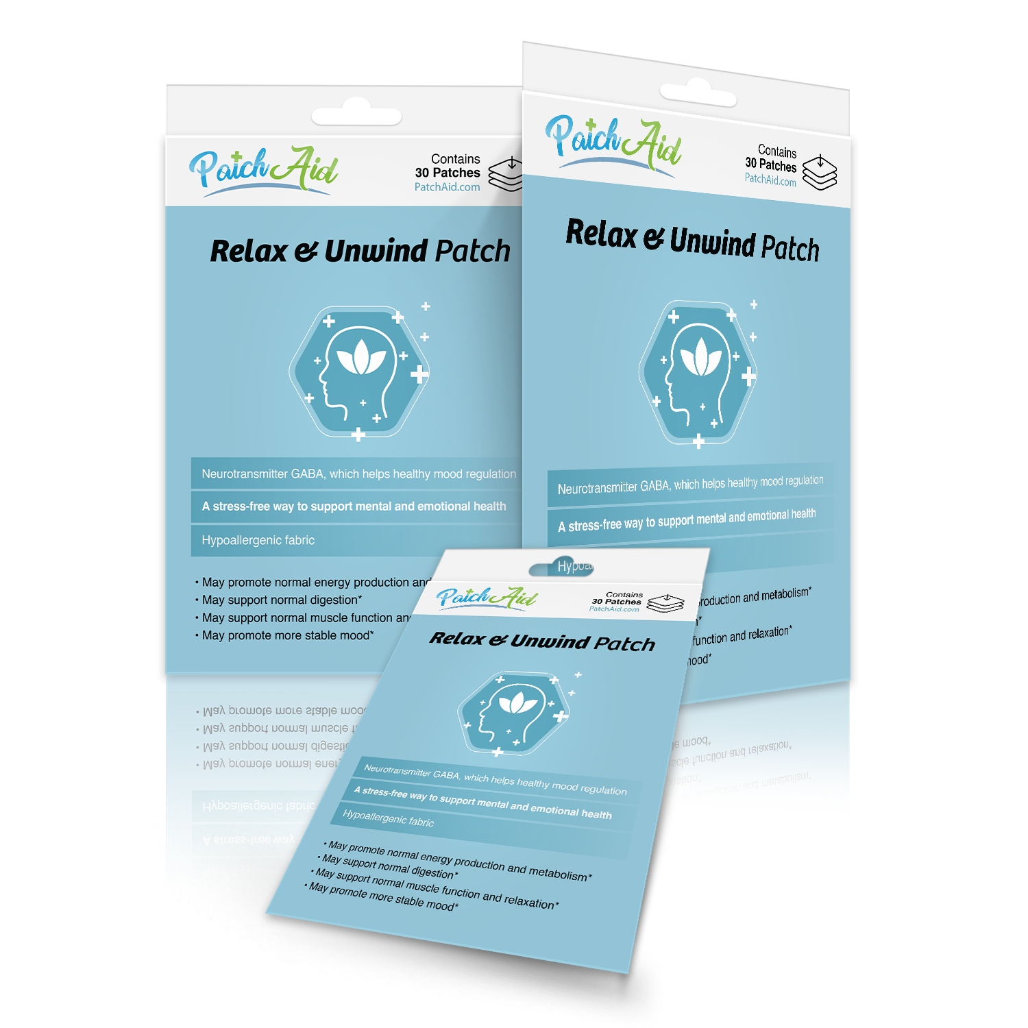 Three packages of "Relax & Unwind Patch" from PatchAid are displayed, highlighting benefits like mood regulation and stress relief, with a light blue background and illustrations of leaves.