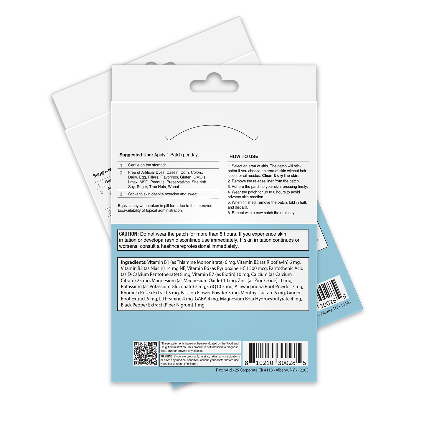 A product packaging for a skin patch, featuring usage instructions, ingredients, and cautionary notes, displayed against a black background with a clean, modern design.