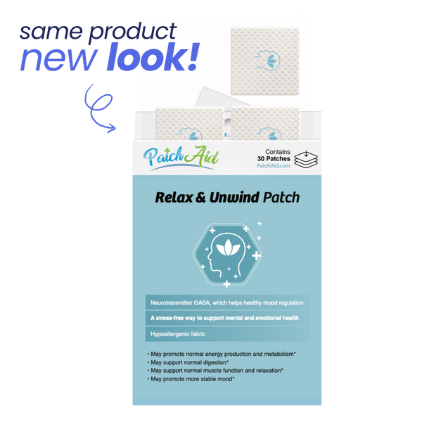 Packaging of a 'Relax & Unwind Patch' with text 'same product new look!' 