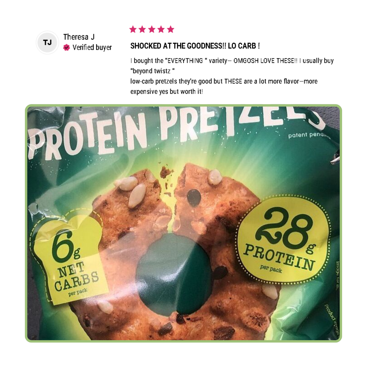 A close-up of a colorful snack package featuring "Protein Pretzels," highlighting "6g Net Carbs" and "28g Protein" with a vibrant green background and various seeds on the pretzel shape.