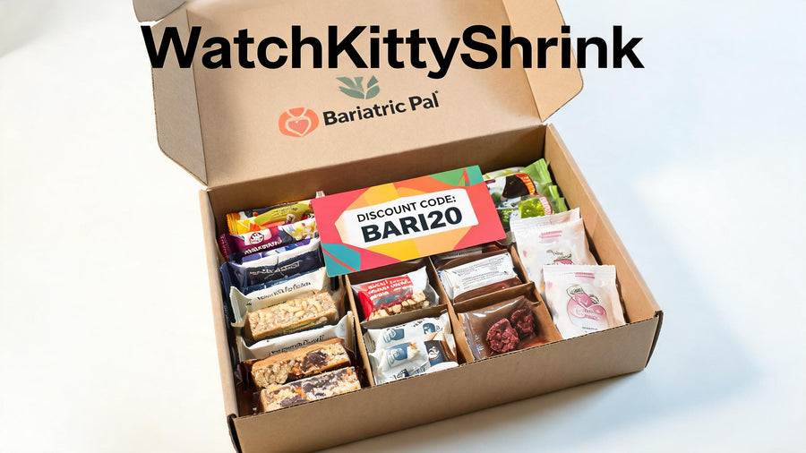 A cardboard box filled with various snack bars and packets is open, displaying a colorful card that offers a discount code, set against a light background.