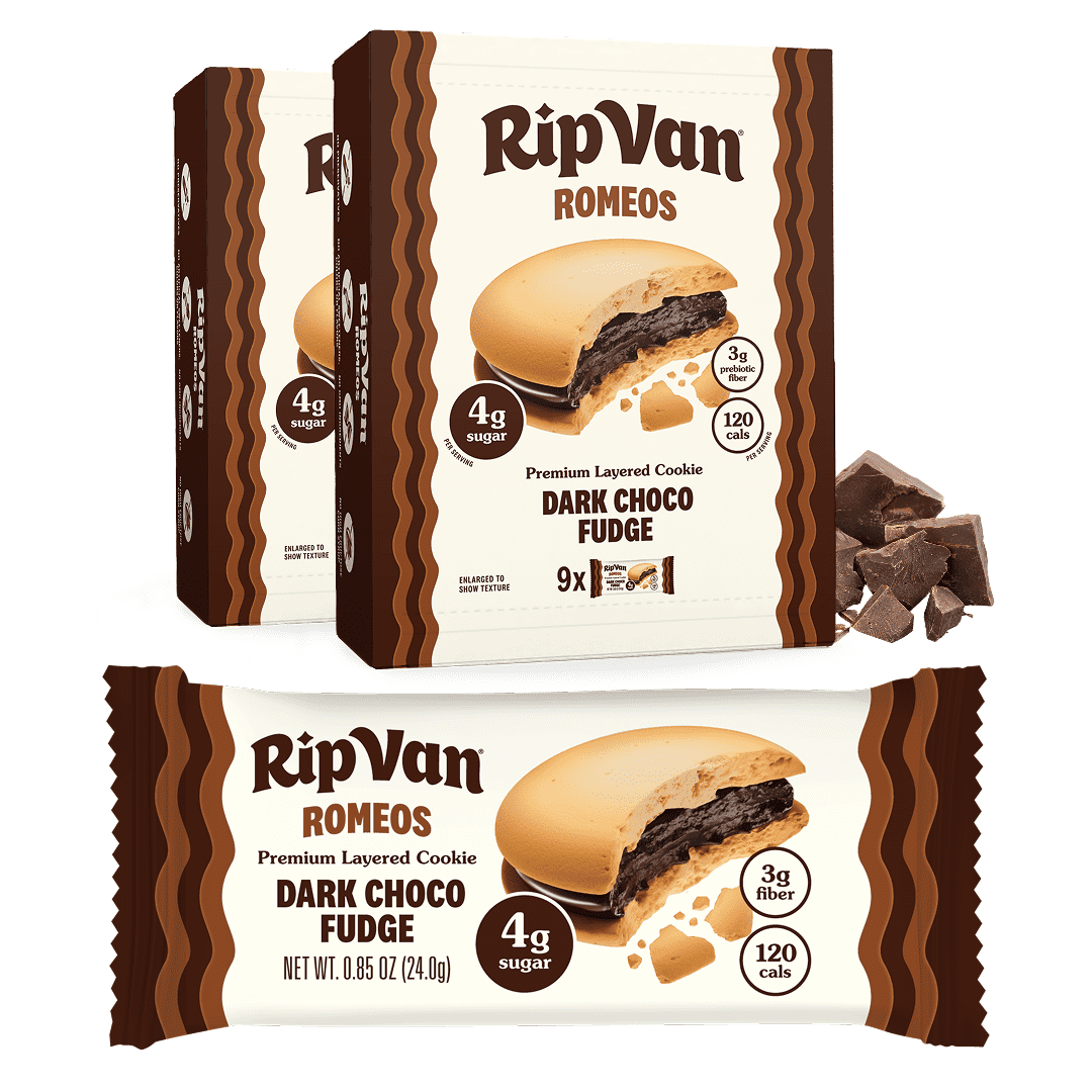 Two boxes of RipVan Romeo cookies labeled "Dark Choco Fudge" are shown alongside an individual wrapped cookie, featuring a layered design and chunks of chocolate in the background.