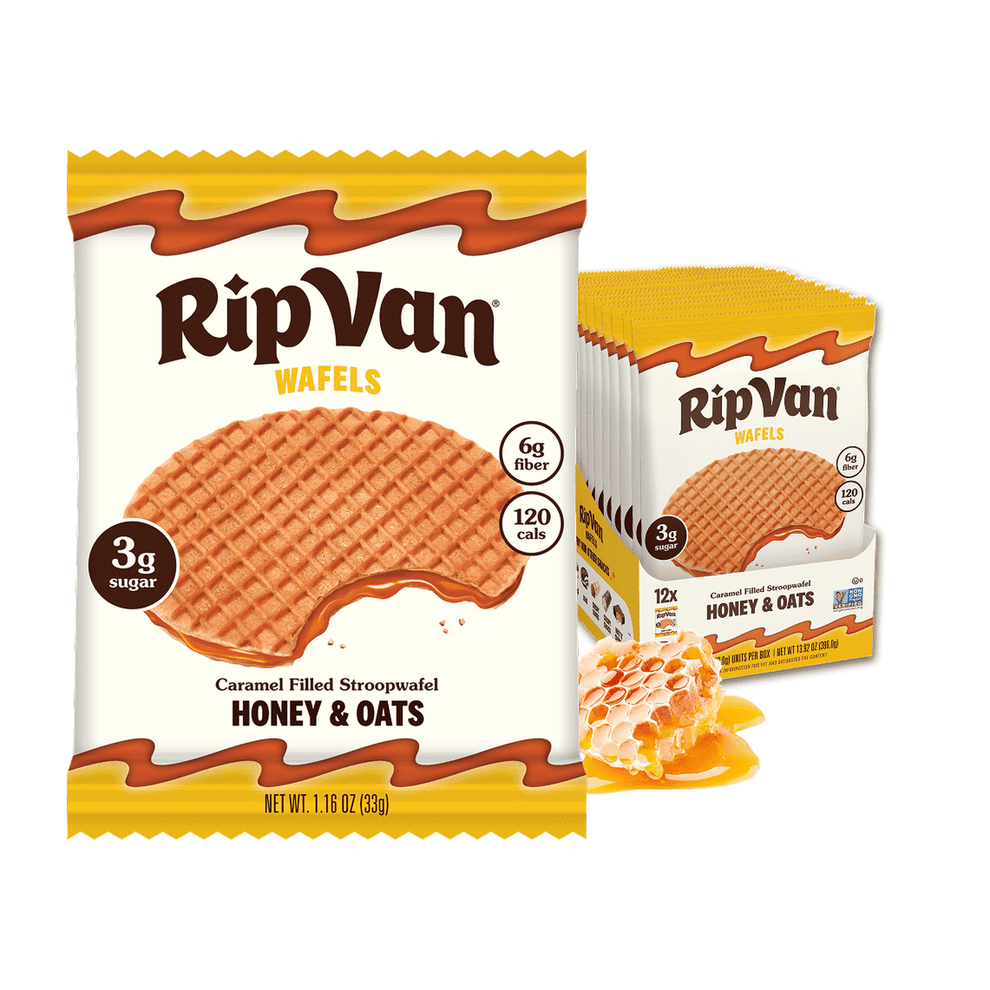 A package of RipVan Wafels featuring a caramel-filled stroopwafel with a bite taken out, alongside a box containing multiple wafels, with honey and oats highlighted on the packaging.
