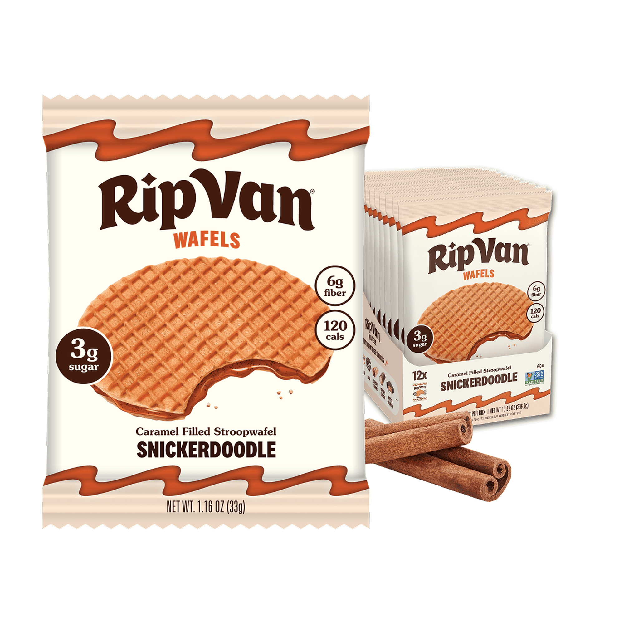 A package of RipVan Snickerdoodle Wafels features a caramel-filled stroopwafel with a bite taken out, alongside a box containing multiple wafels and cinnamon sticks in a bright setting.