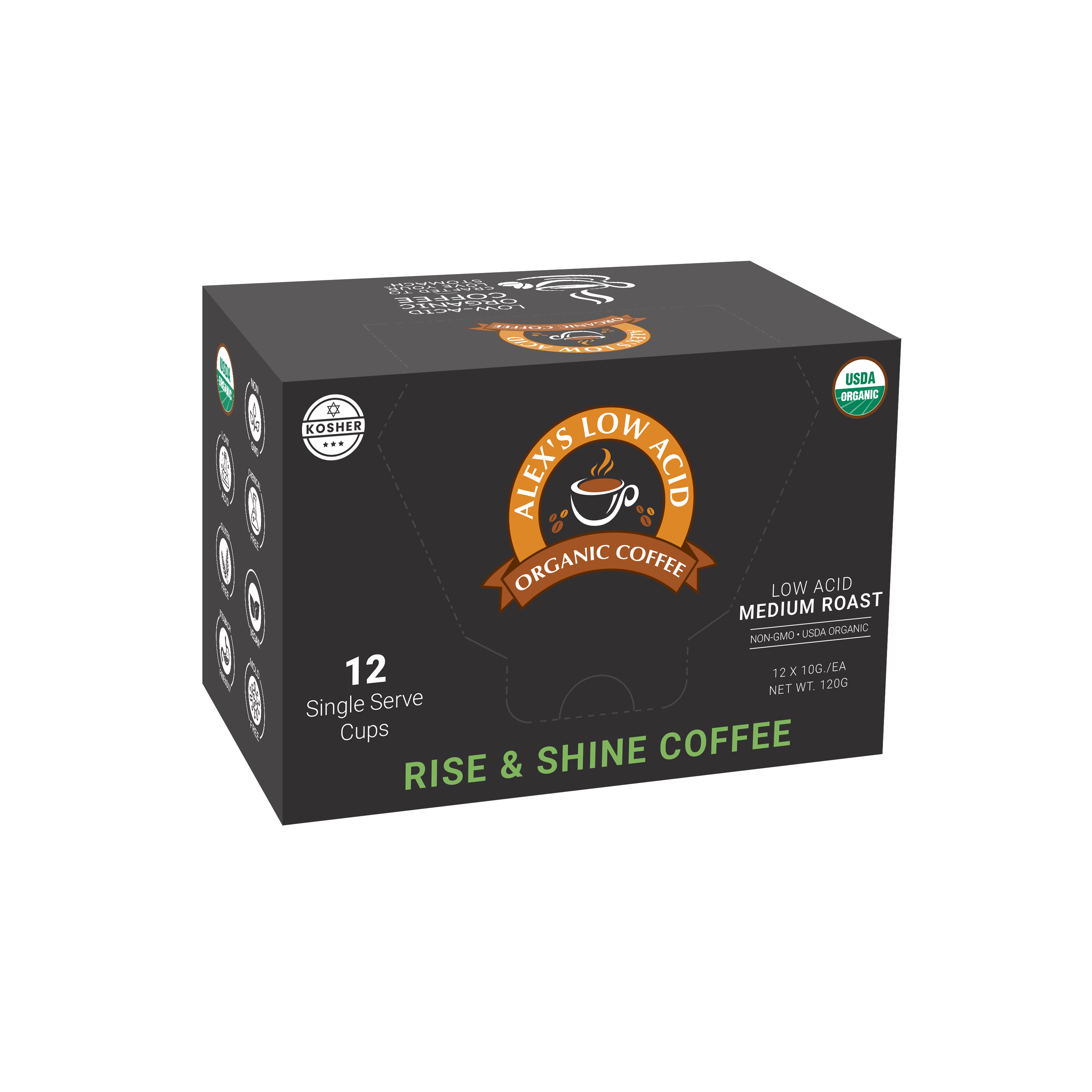 A black box of Alex's Low Acid Organic Coffee features a logo, text indicating "12 Single Serve Cups" and "Rise & Shine Coffee," along with USDA Organic and Kosher certifications.