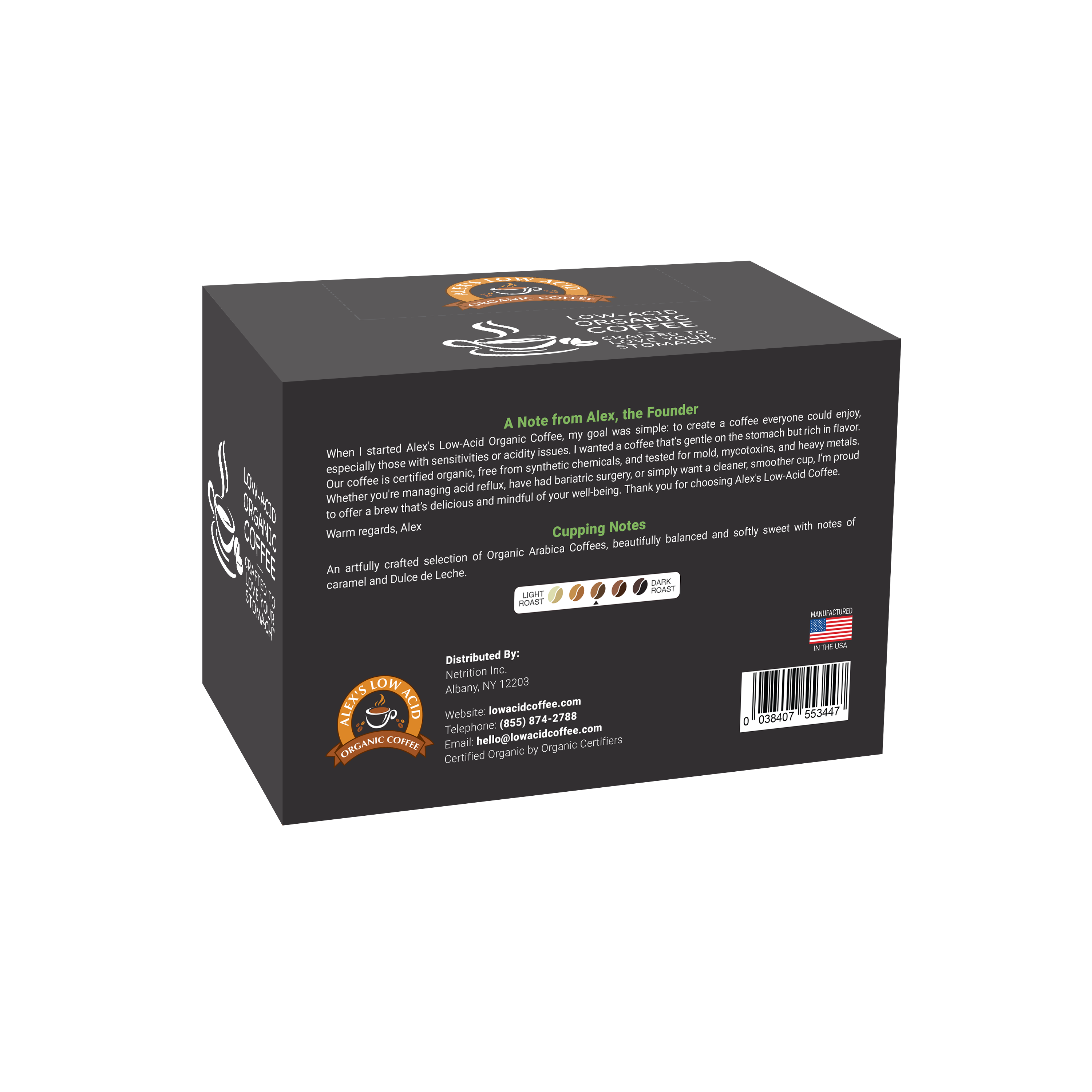 A black coffee box features a note from the founder, Alex, discussing the creation of low-acid organic coffee, with details on flavor notes and brewing recommendations.