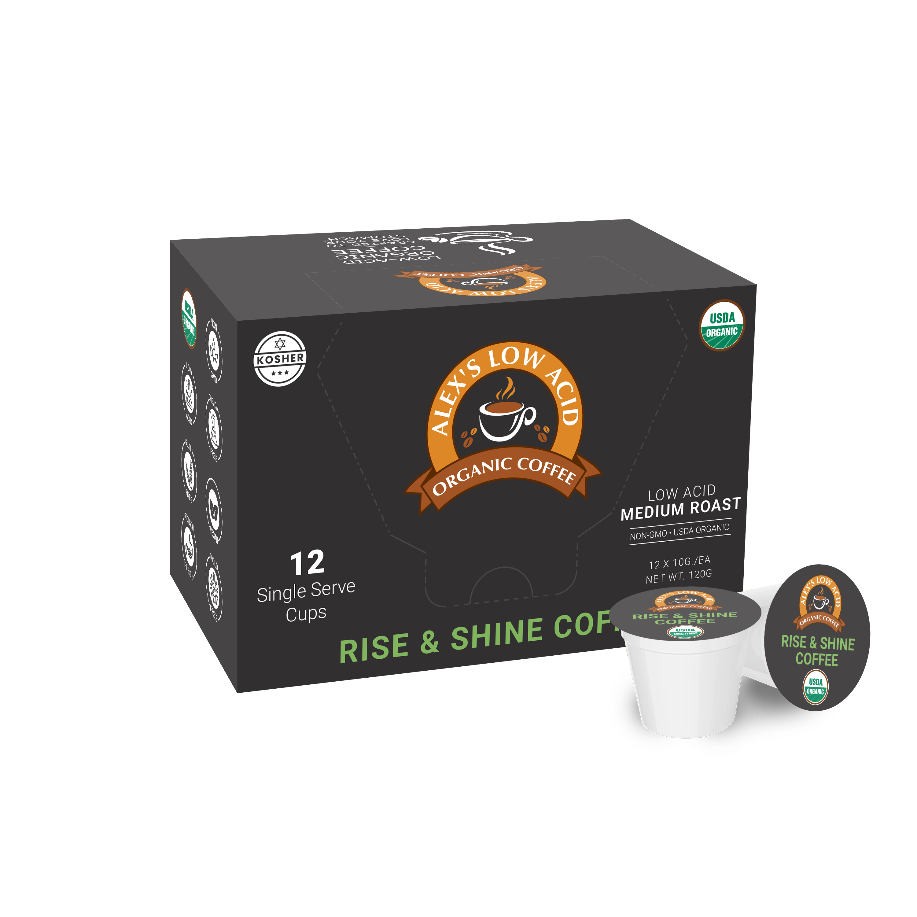 A black box labeled "Alex's Low Acid Organic Coffee" contains 12 single-serve cups of medium roast coffee, featuring a logo and the phrase "Rise & Shine Coffee" on the front.