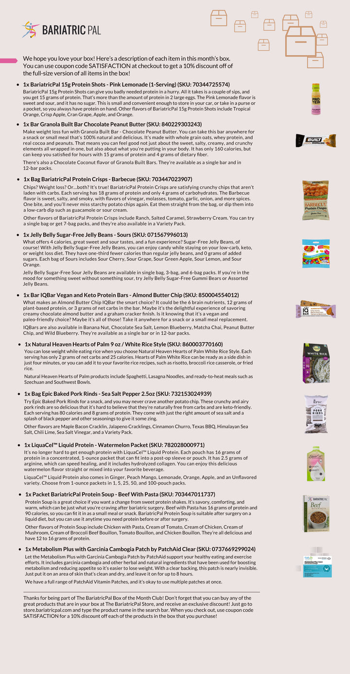 A colorful product list showcases various bariatric-friendly items, including protein shots, bars, crisps, and soups, with descriptions highlighting their nutritional benefits and usage suggestions.