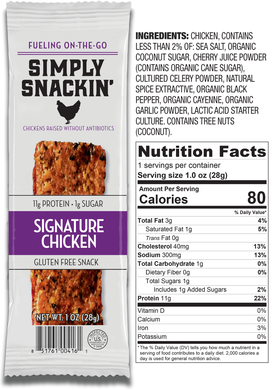 A packaged snack labeled "Simply Snackin' Signature Chicken," featuring a photo of the chicken product, with nutritional information and highlights like gluten-free and high protein content.