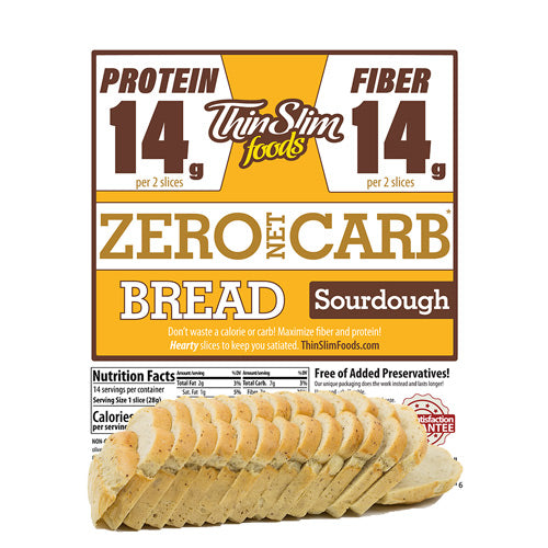 Sliced sourdough bread is displayed in front of a packaging label highlighting "Thin Slim Foods" with nutritional information, emphasizing 14g of protein and fiber per two slices, and zero net carbs.