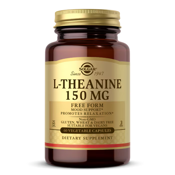 Brown glass bottle of Solgar L-Theanine 150 mg dietary supplement, featuring a gold label that highlights mood support and relaxation, containing 60 vegetable capsules and marked as non-GMO and vegan-friendly.