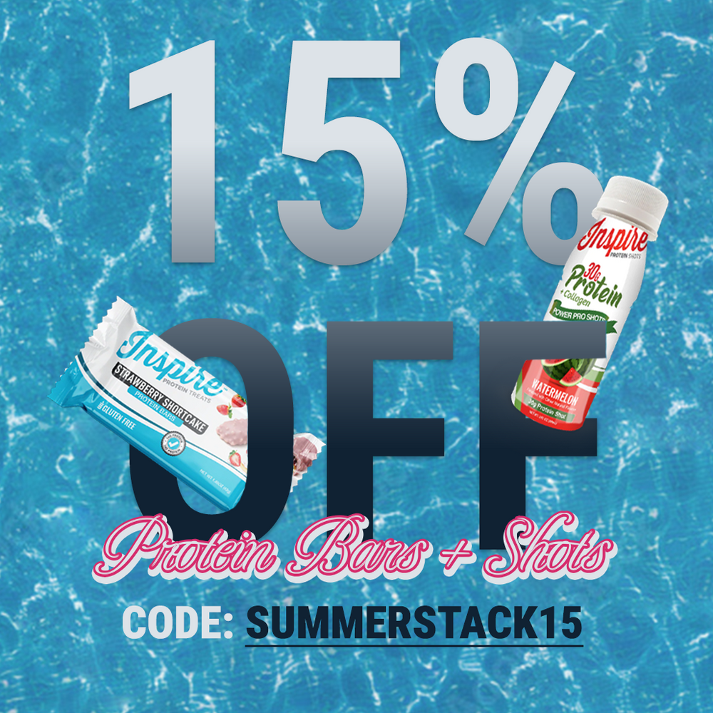 A promotional graphic features a blue water background with the text "15% OFF Protein Bars + Shots," showcasing a strawberry shortcake protein bar and a watermelon protein shot, along with the code "SUMMERSTACK15."