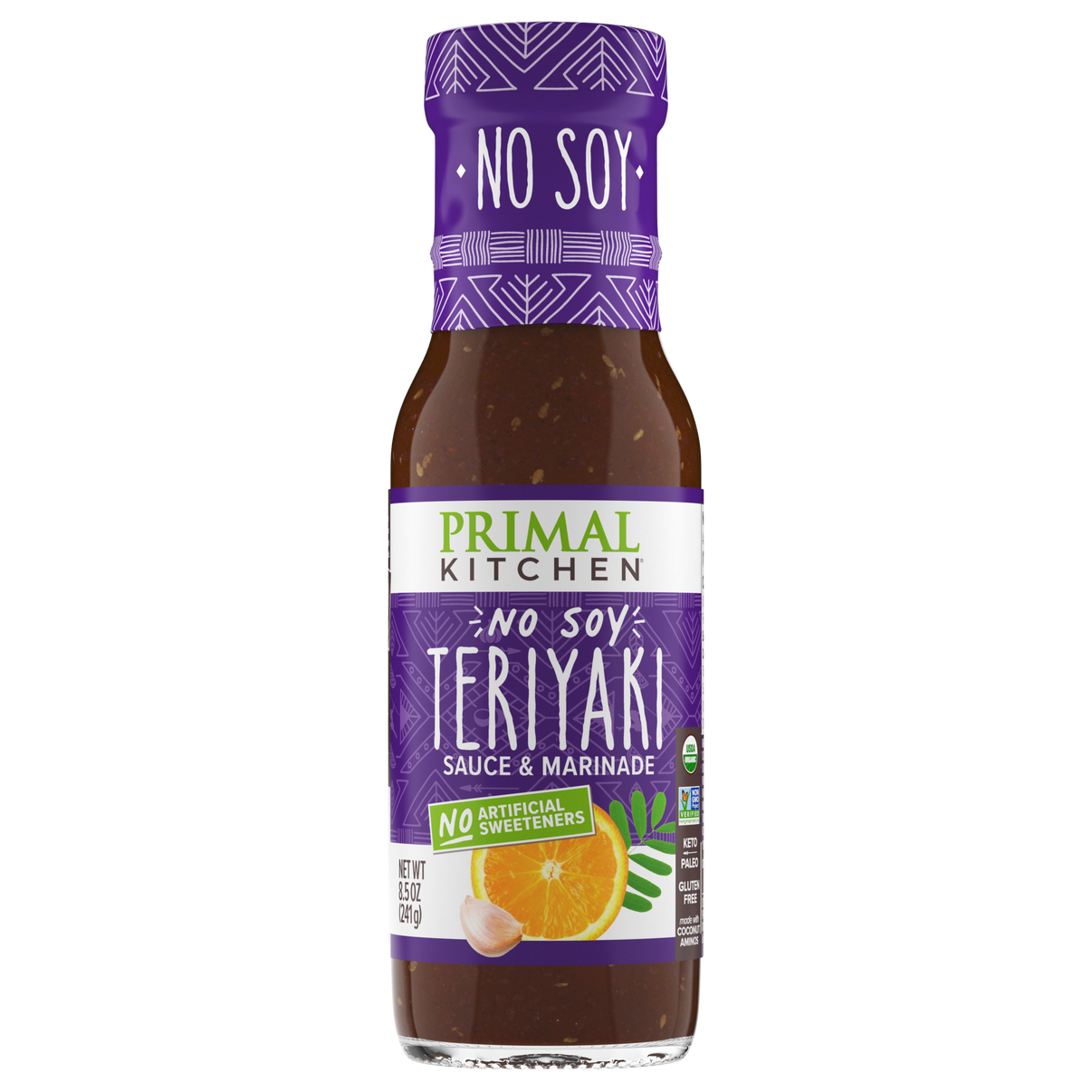 A bottle of Primal Kitchen No Soy Teriyaki Sauce and Marinade, featuring a purple label with white text, highlighting "No Soy" and "No Artificial Sweeteners," set against a plain background.