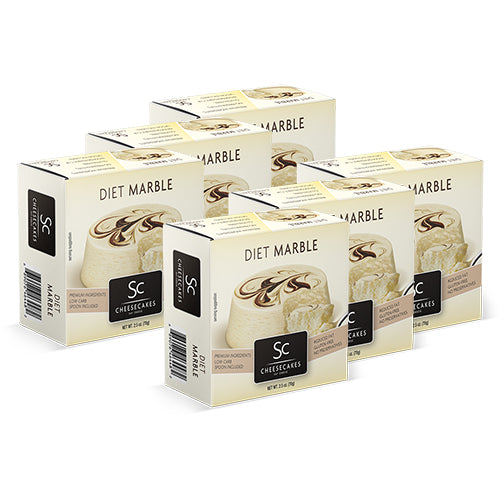 Six boxes of SC Diet Marble Cheesecakes are stacked together, each featuring a creamy cheesecake design with chocolate swirls on the packaging, highlighting a low-calorie dessert option.