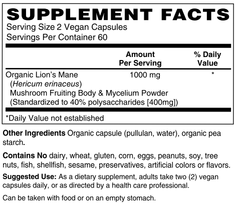 Certified Organic & Vegan US Grown Lion's Mane Mushroom Capsules by Netrition