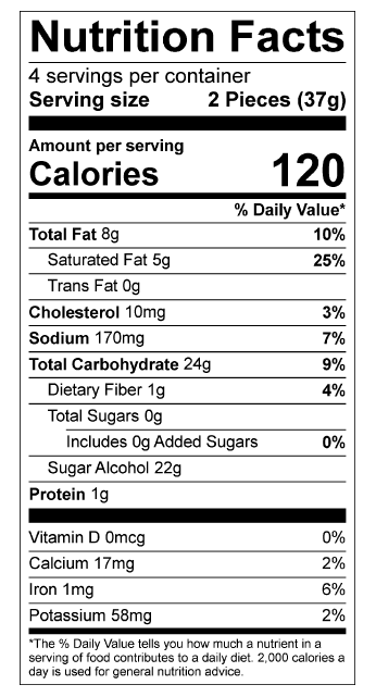 A nutrition facts label displays detailed information about a food product, including serving size, calories, fats, carbohydrates, and protein content, along with daily value percentages.